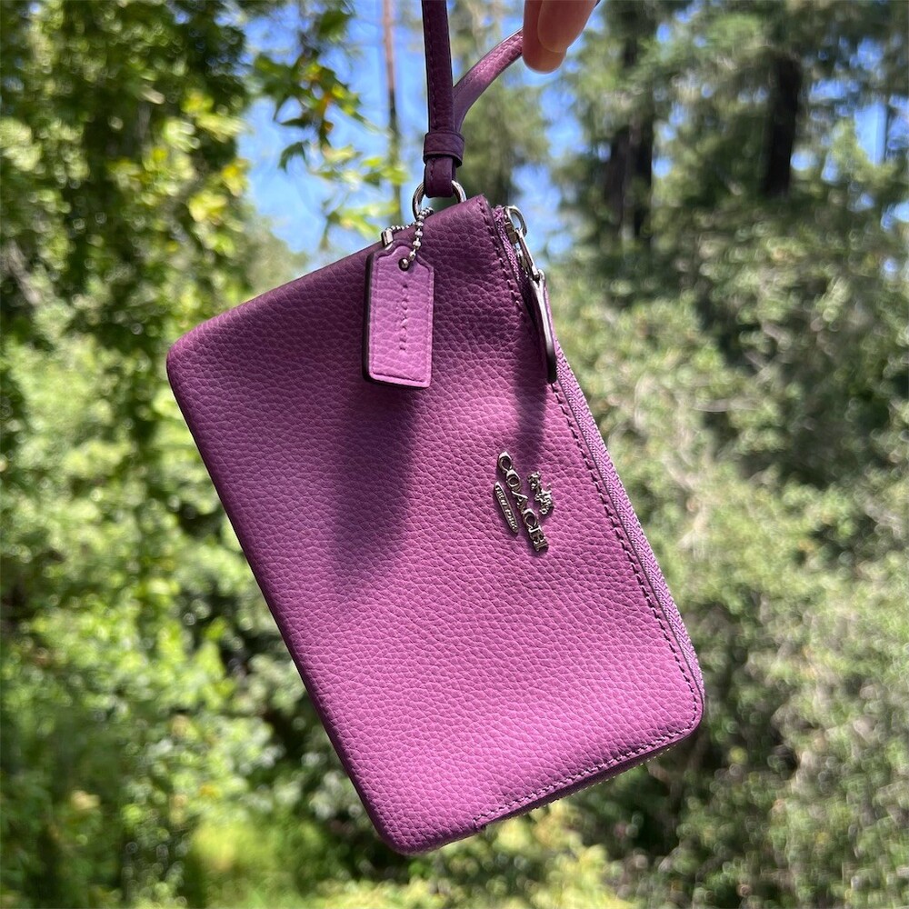COACH Pebbled Leather Wristlet Wallet Double Zip Purple w Silver Hardware - Picture 3 of 15